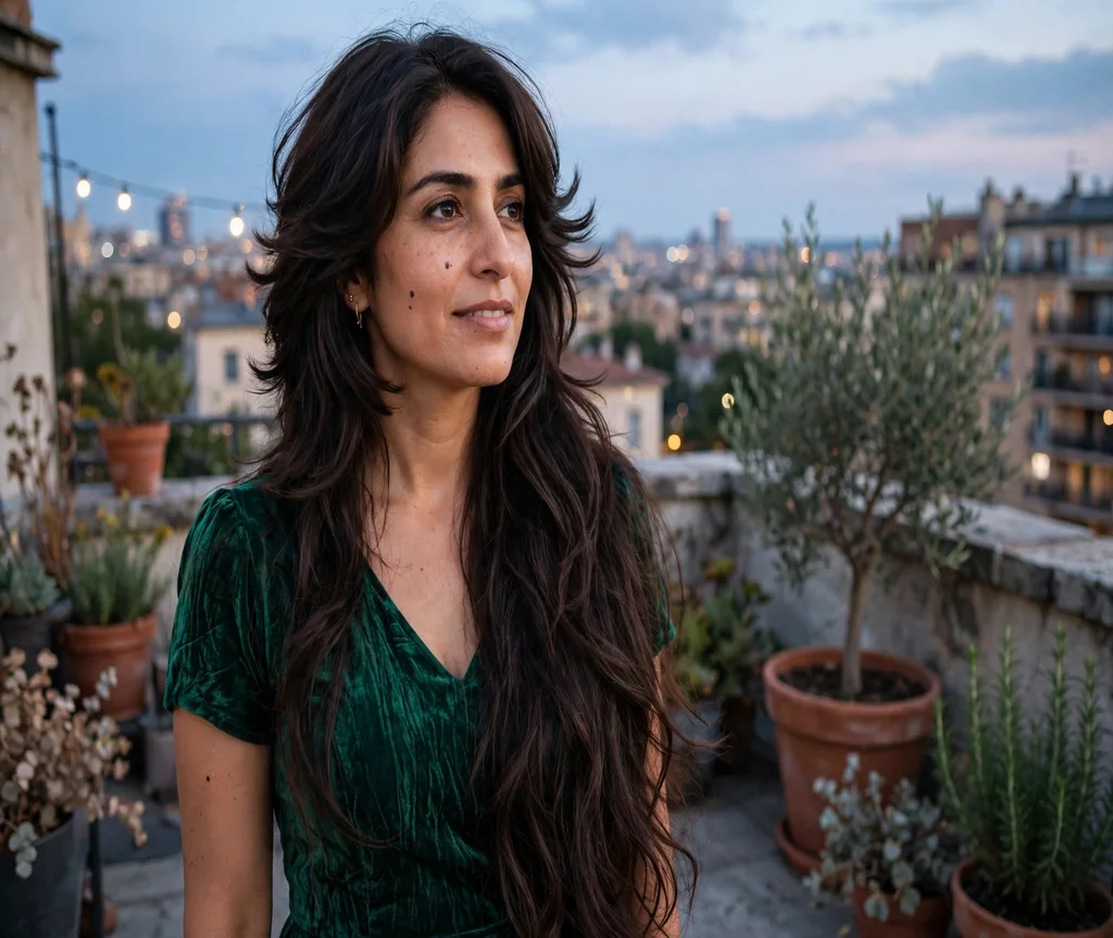 Woman with extra-long butterfly layers on a rooftop