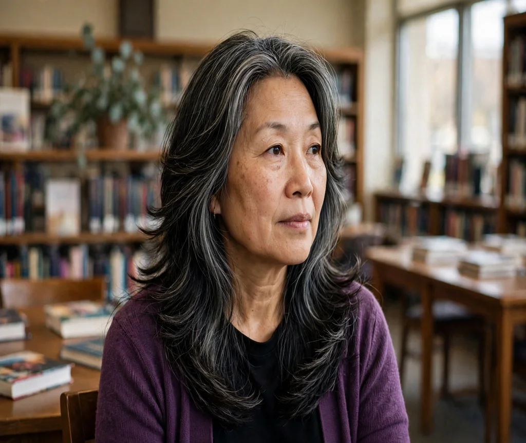 Woman with a butterfly cut and feathered ends in a library