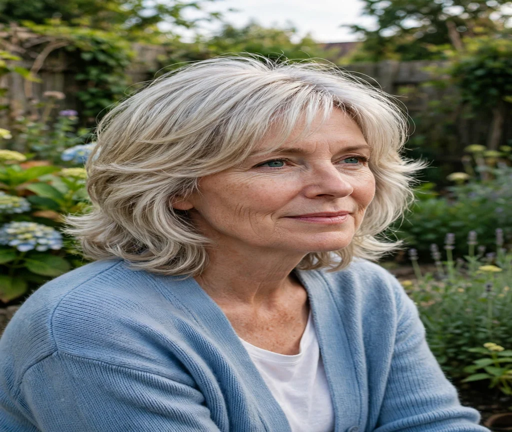 Woman over 50 with silver-blonde butterfly layers in a garden