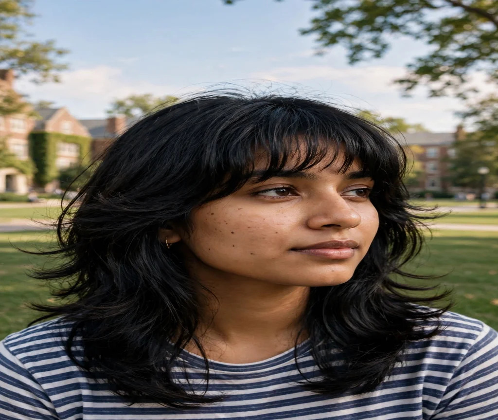 Woman with a butterfly cut and full fringe on a campus lawn