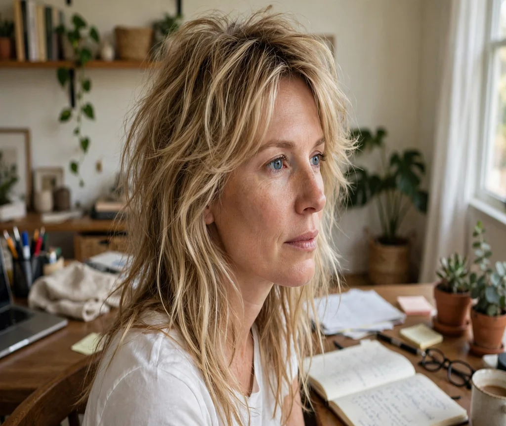 Woman with a messy undone butterfly cut at a home office desk