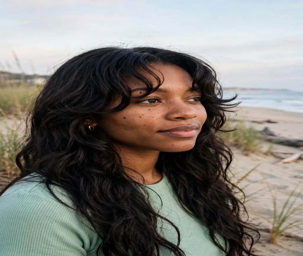 Woman with face-framing butterfly layers on a beach
