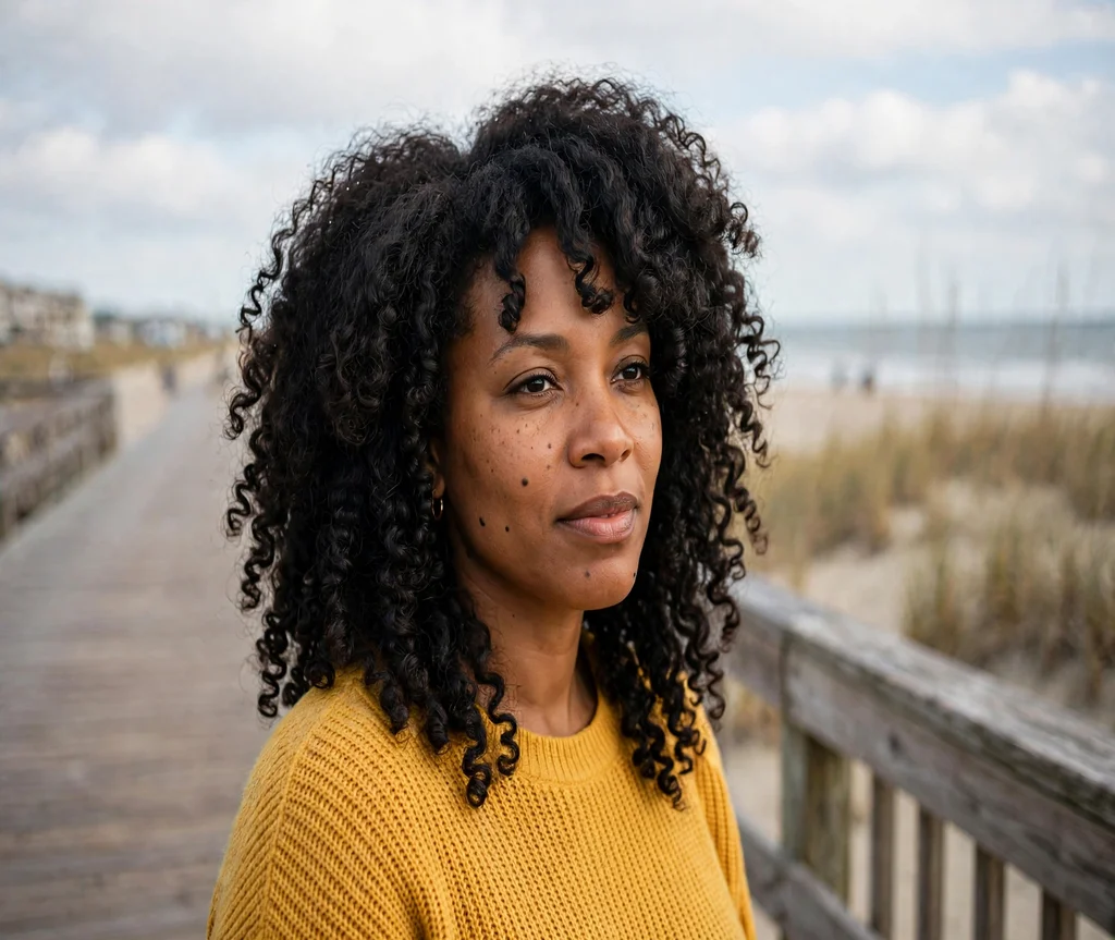Woman with a layered butterfly cut for coily hair on a boardwalk