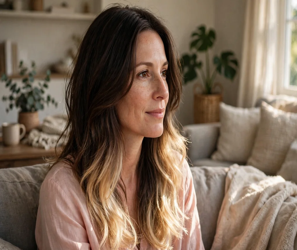 Woman with a butterfly cut and blonde balayage ends in a living room