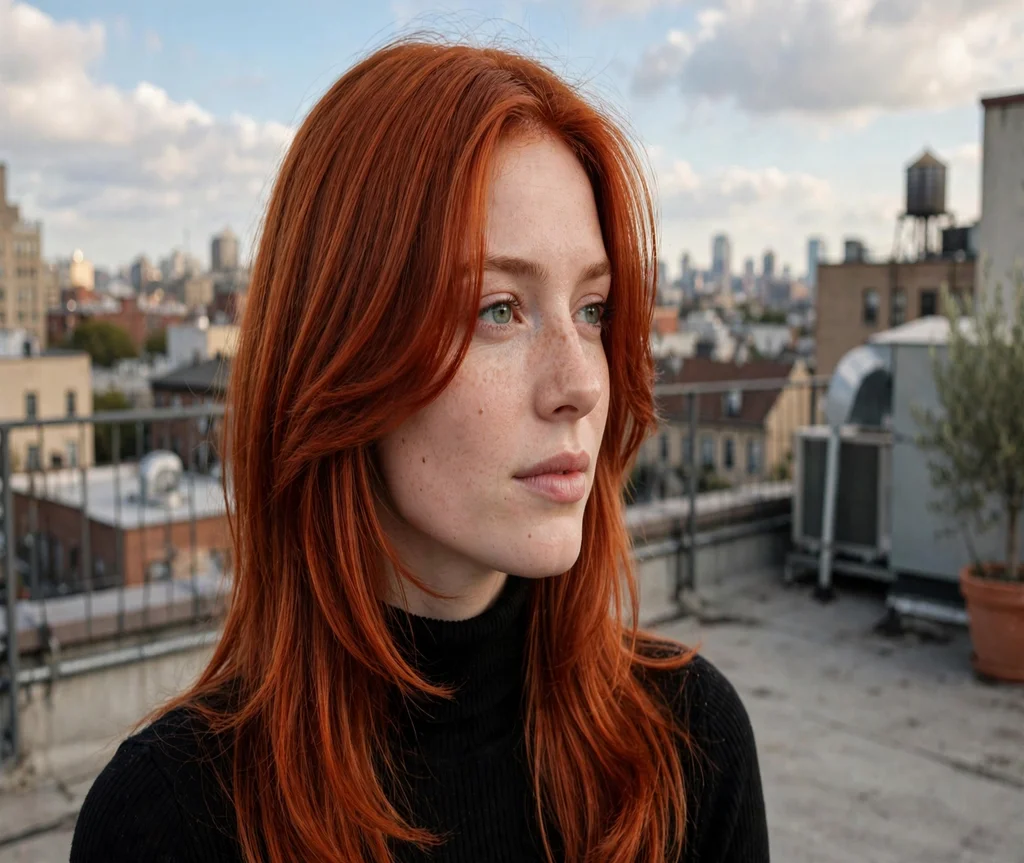 Woman with a red butterfly haircut on a city rooftop