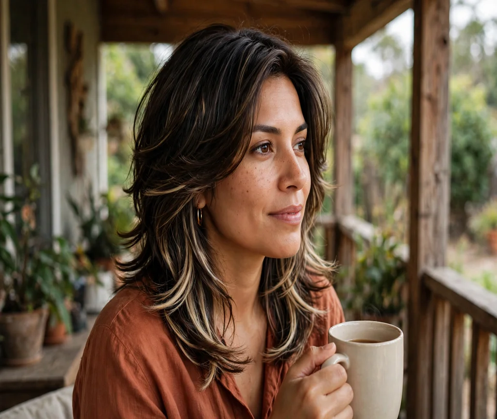 Woman with a butterfly cut and peekaboo highlights on a porch