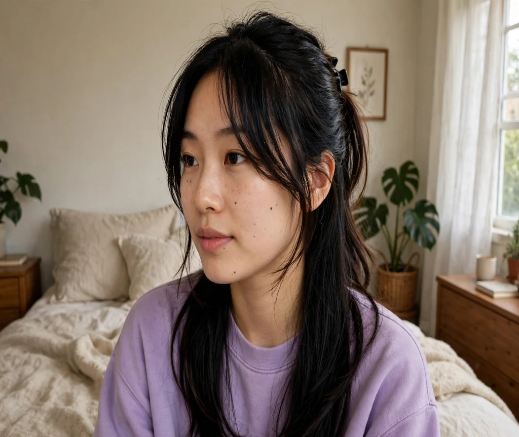 Woman with a half-up butterfly hairstyle in a bedroom