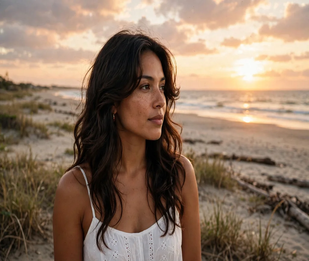 Woman with a beachy wave butterfly cut at sunset