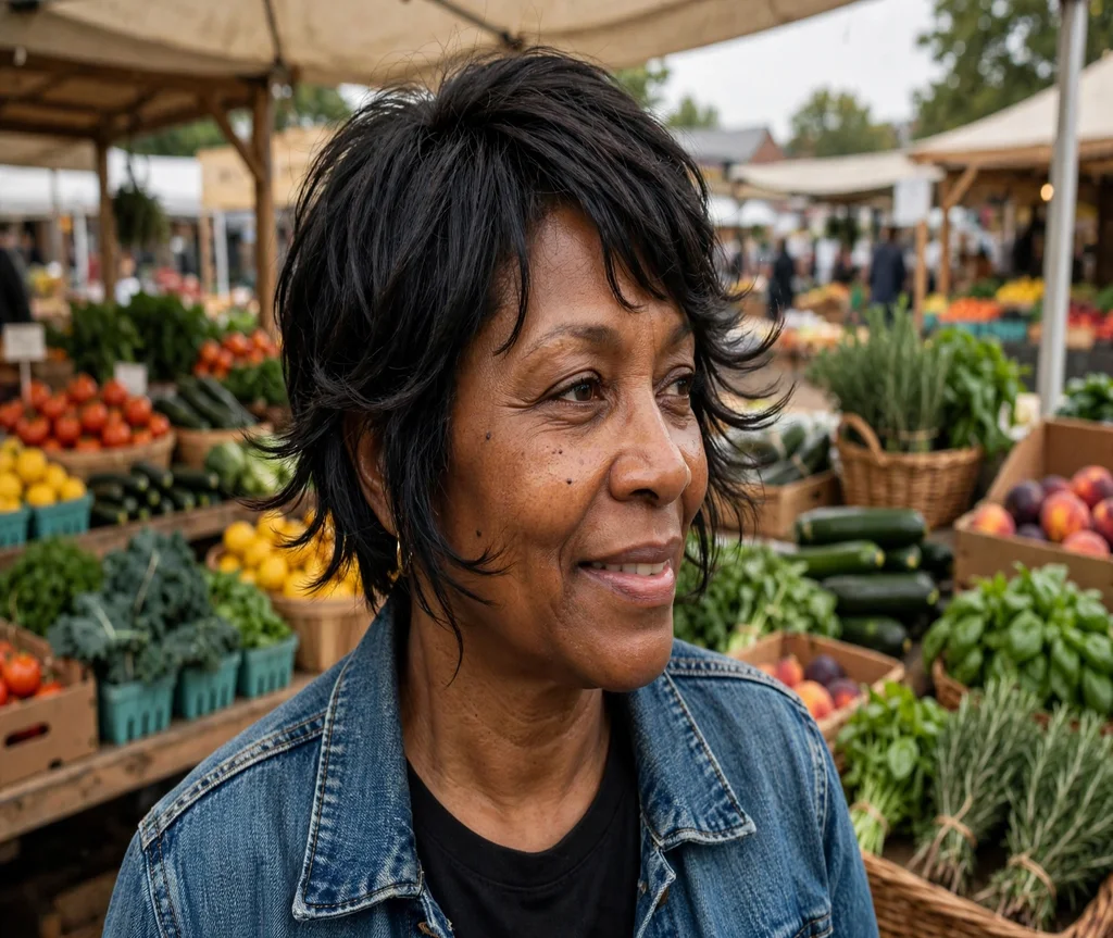 Woman with a short butterfly pixie hybrid at a farmers market