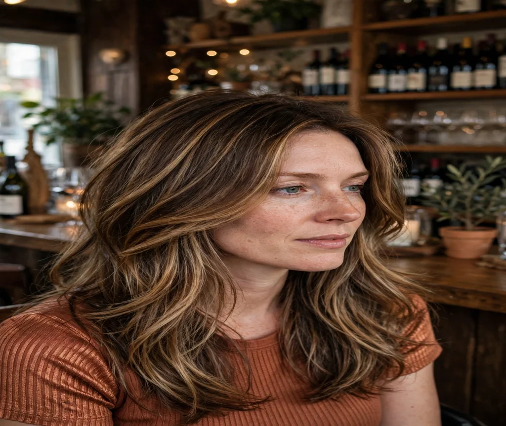 Woman with dimensional brunette butterfly layers in a wine bar