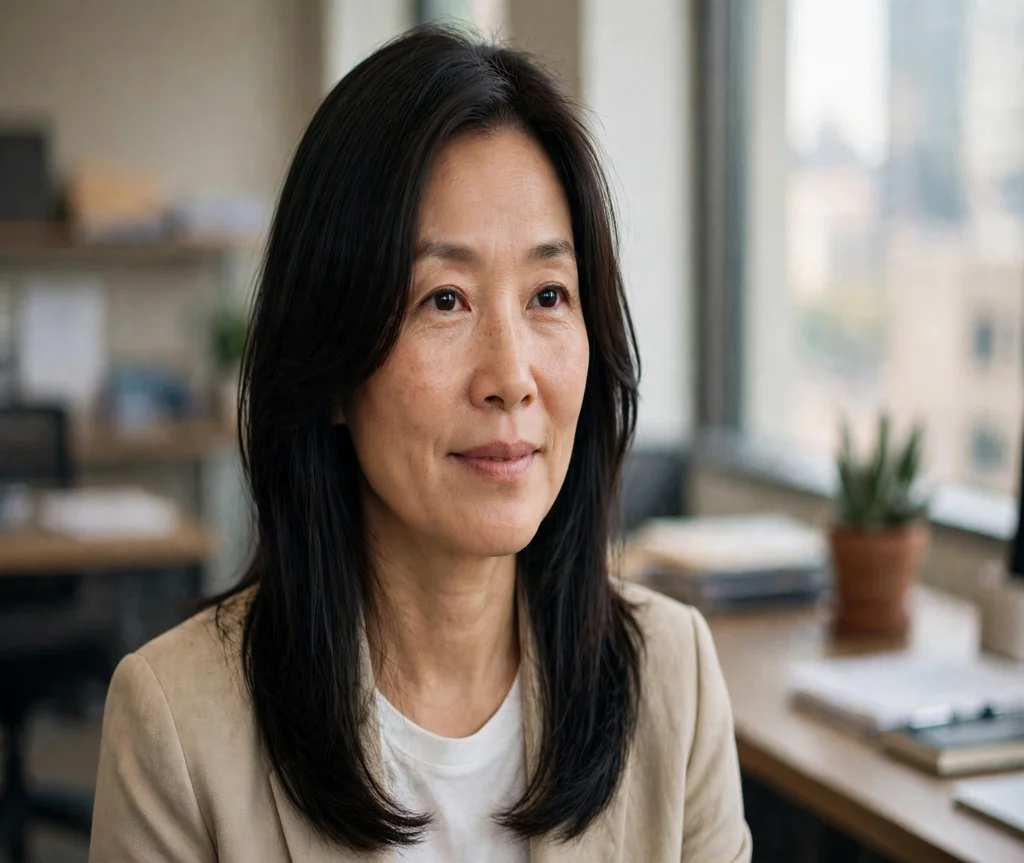 Woman with a butterfly cut for an oval face in an office