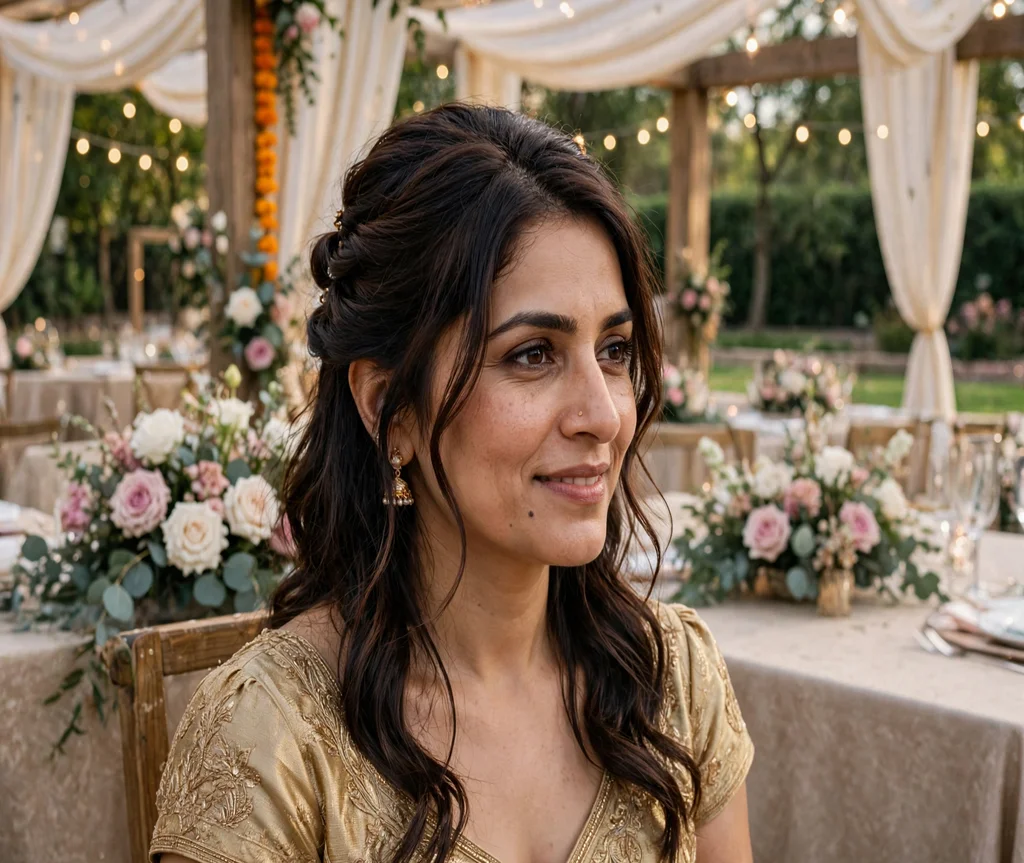 Woman with updo-ready butterfly layers at a wedding venue