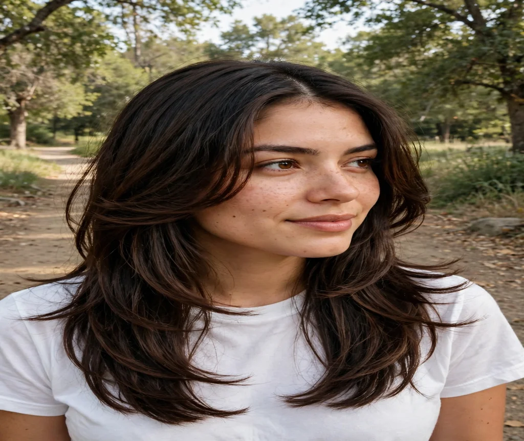 Woman with a middle-part butterfly cut on a park trail