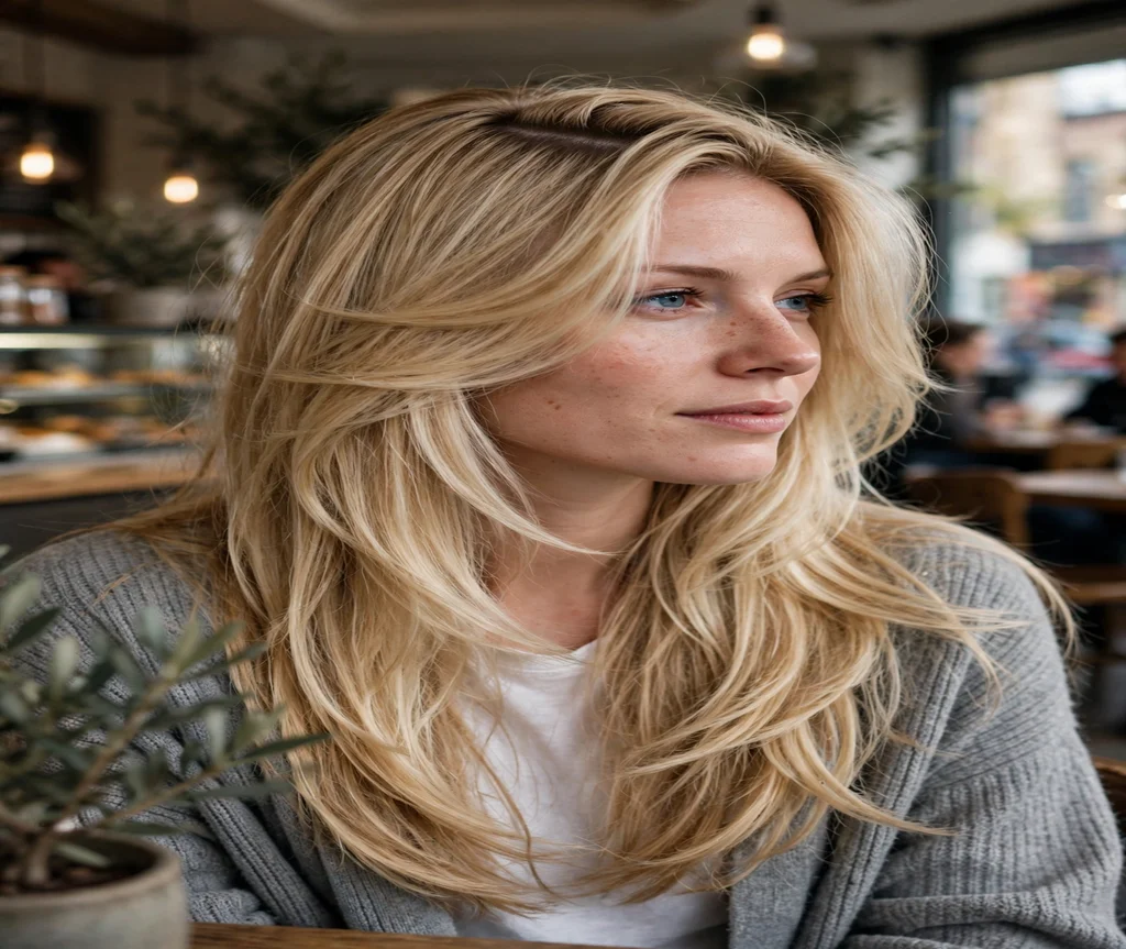 Woman with a deep side-part butterfly cut at a coffee shop