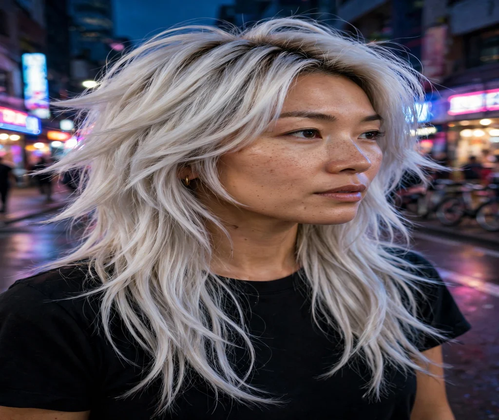 Woman with a platinum blonde butterfly cut on a neon-lit street