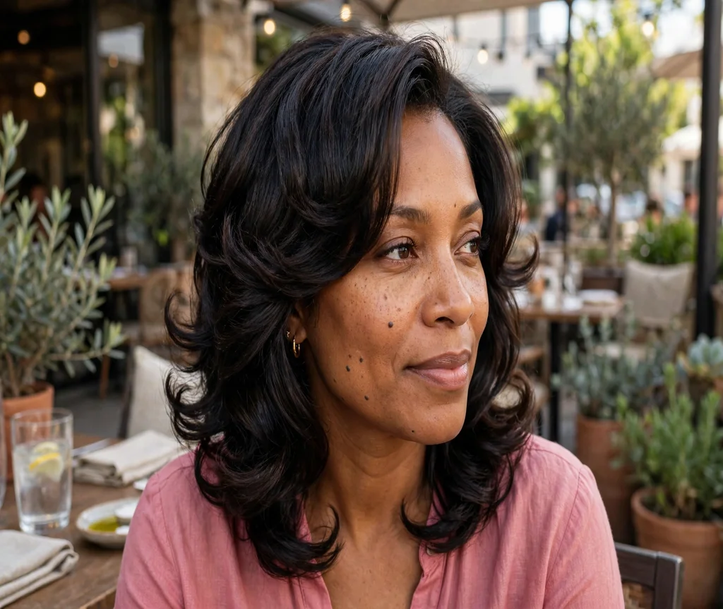 Woman with a butterfly cut and soft curled ends on a restaurant patio