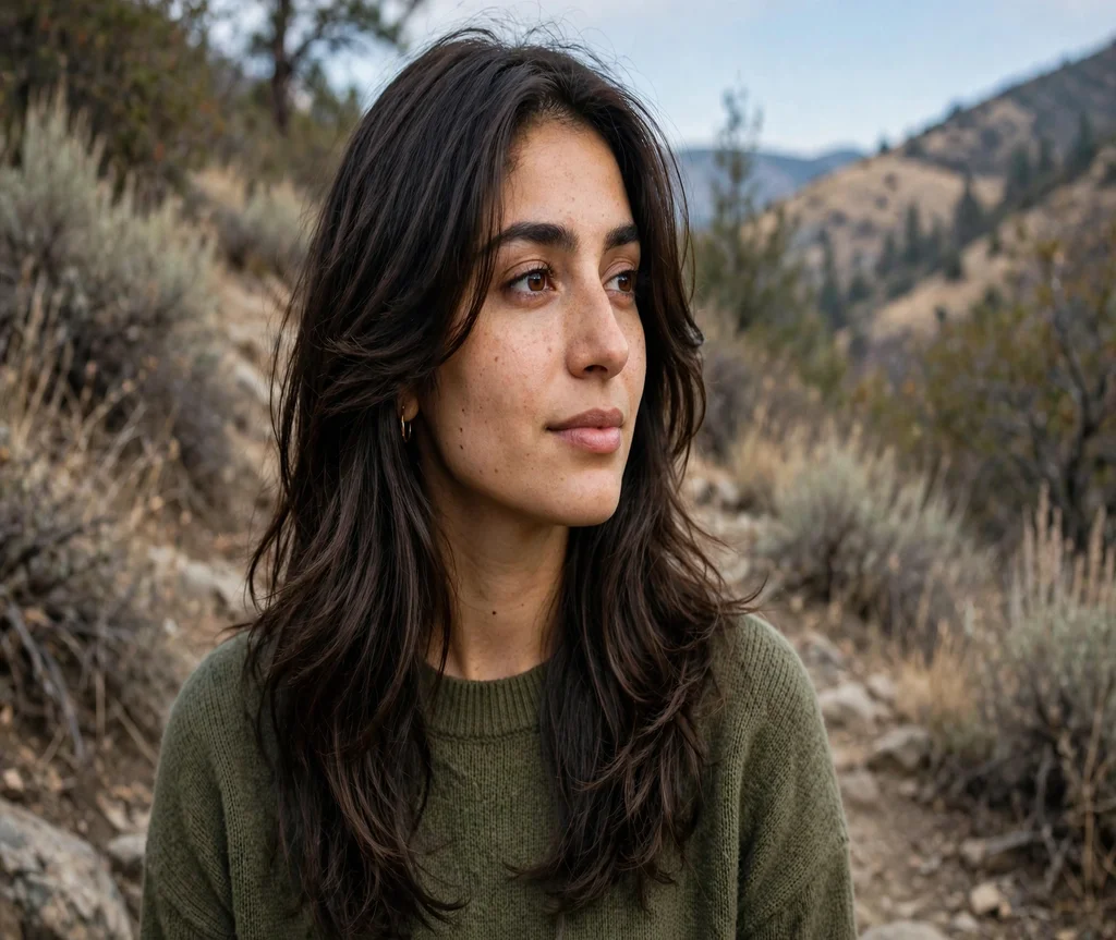 Woman with a grown-out butterfly cut on a hiking trail