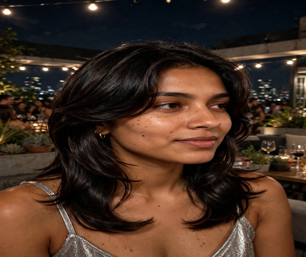 Woman with a glossy glass-hair butterfly cut at a rooftop party