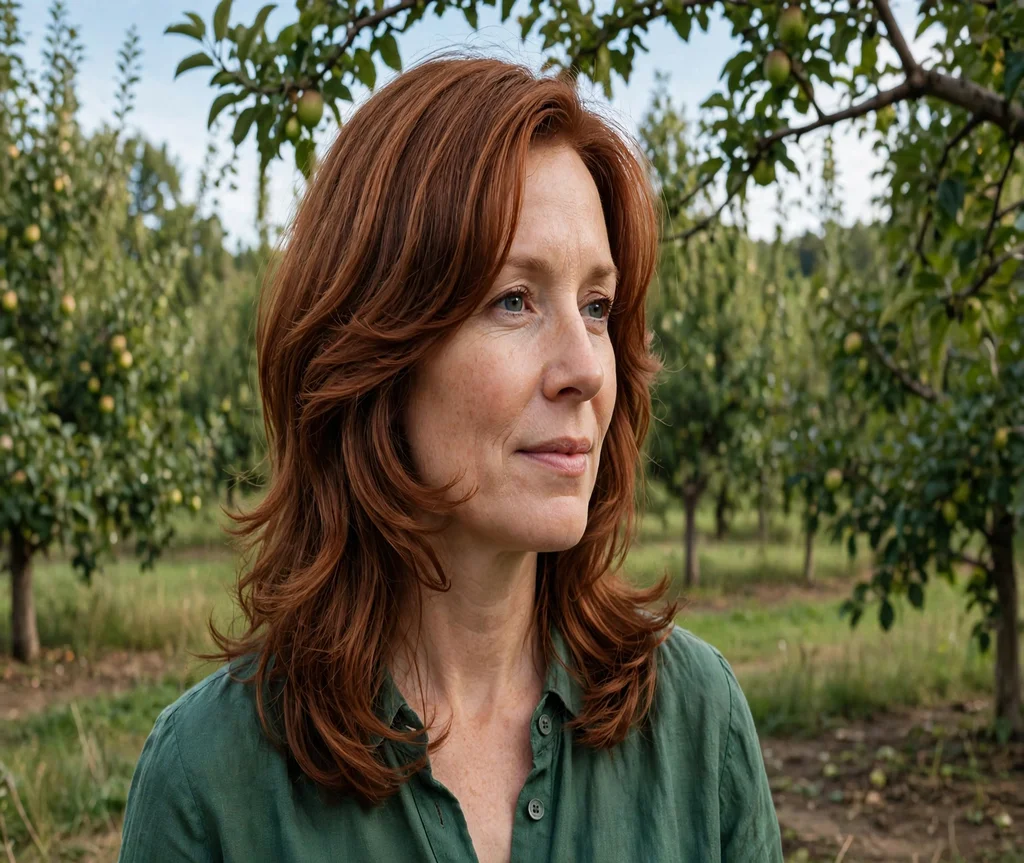 Woman with butterfly layers for a square face in an orchard