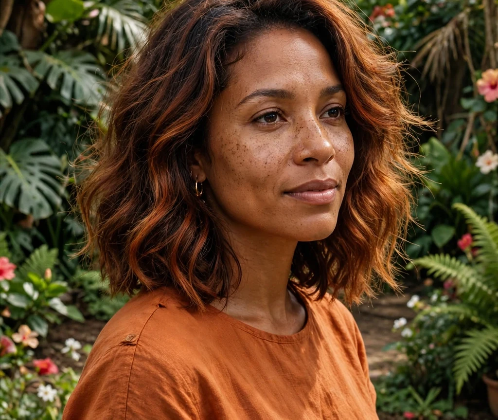 Afro-Caribbean woman with shoulder-length cinnamon cajun spice wavy balayage in a garden