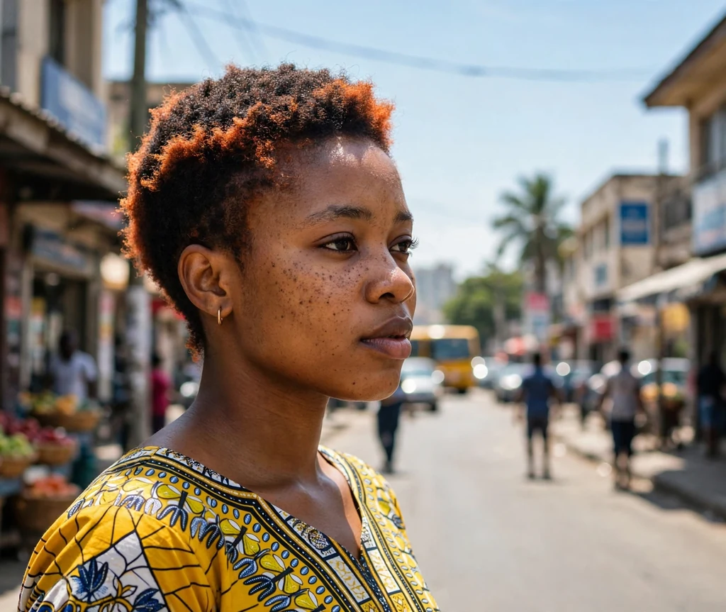 Nigerian woman with short tapered natural hair with copper cajun spice tinted edges on a city street