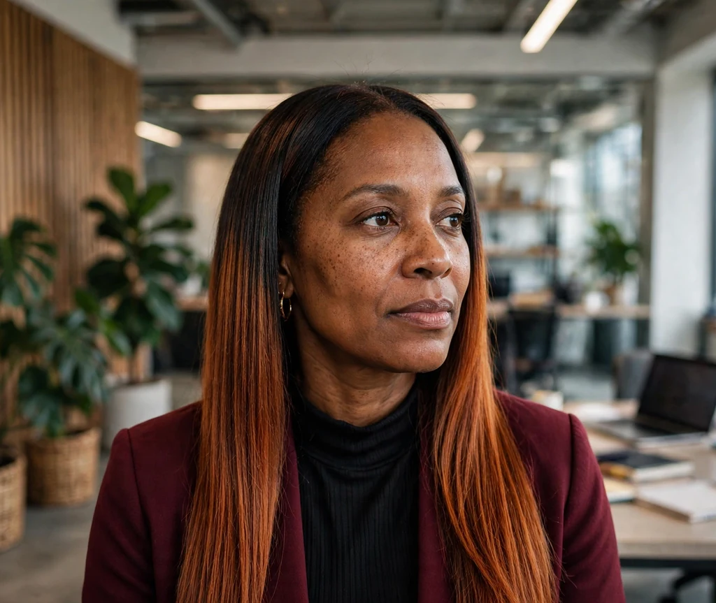 African-American woman with long silk-pressed cajun spice copper ombre hair in an office