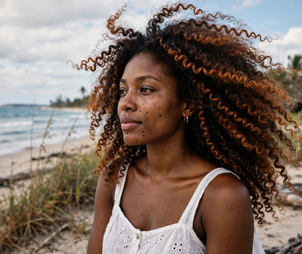 Jamaican woman with long curly afro with cinnamon cajun spice coils on a beach