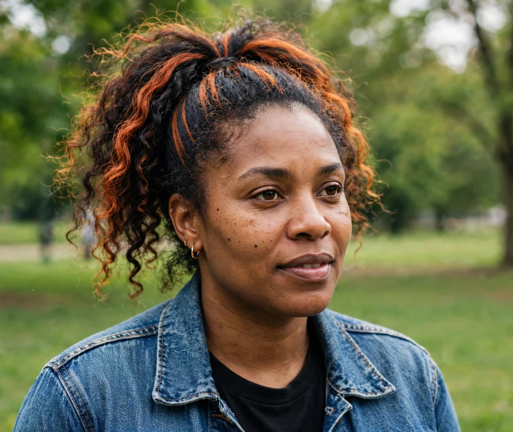 African-American woman with high ponytail with copper cajun spice streaks in a park
