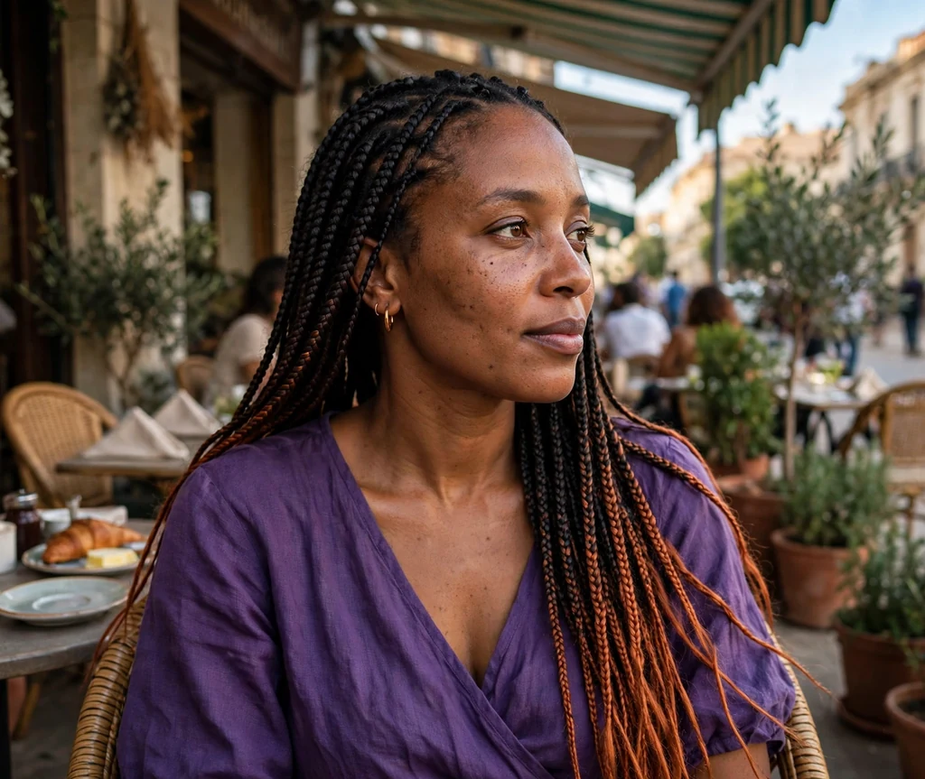 Senegalese woman with long knotless braids with copper-dipped cajun spice ends at a cafe