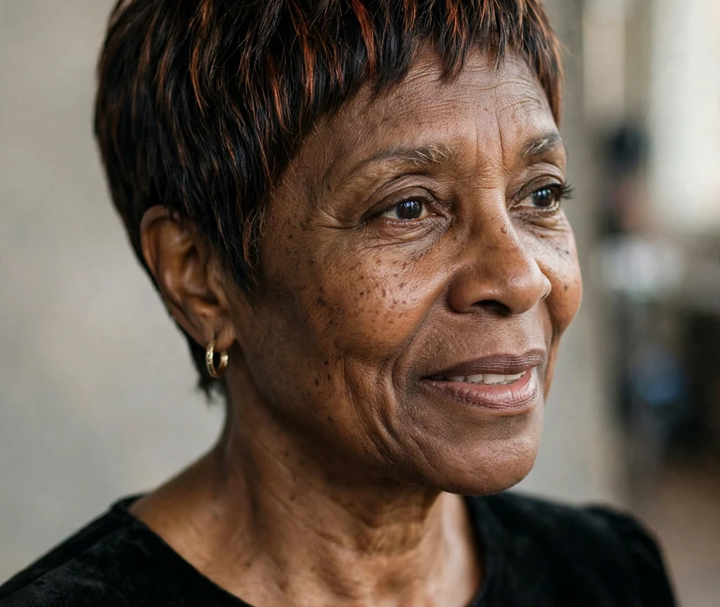 African-American woman with short cajun spice copper pixie in a studio portrait