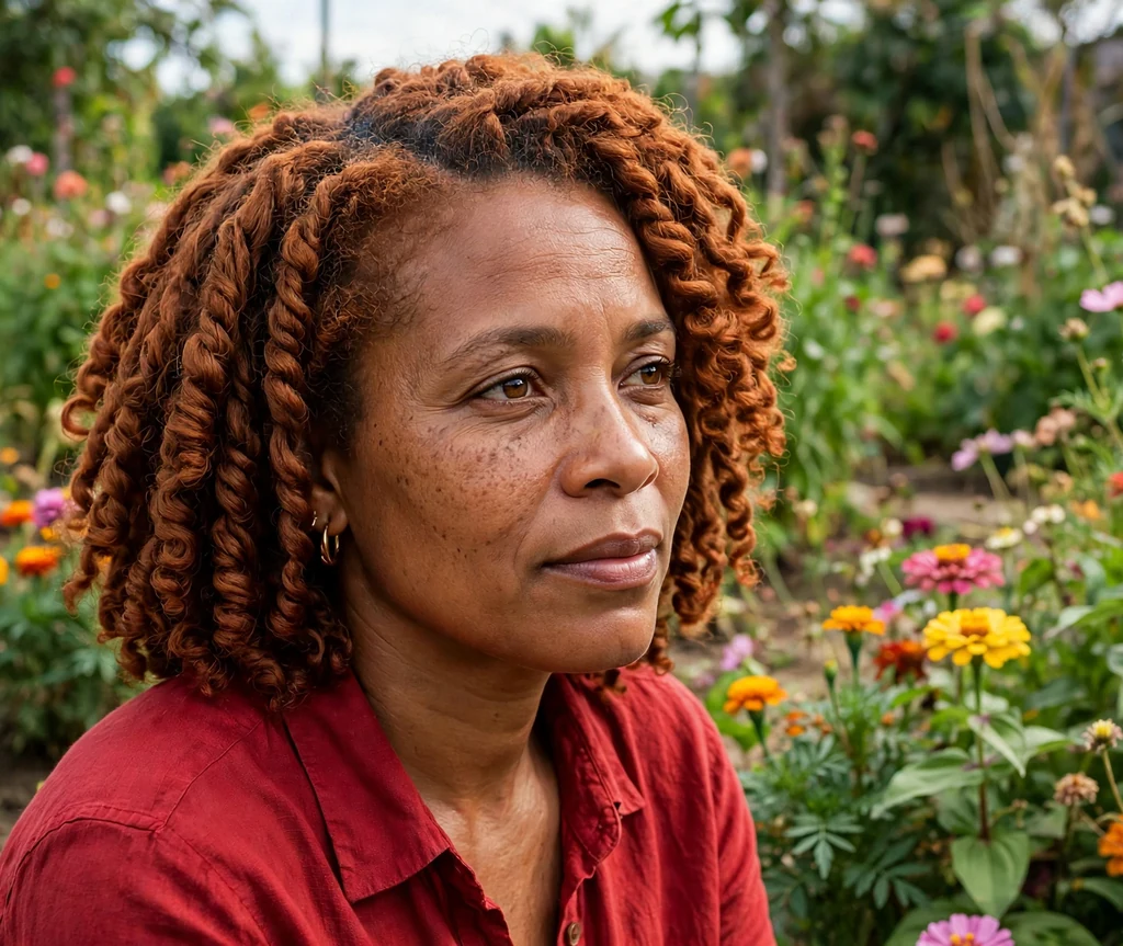 Haitian woman with auburn-copper cajun spice twist-out in a flower garden