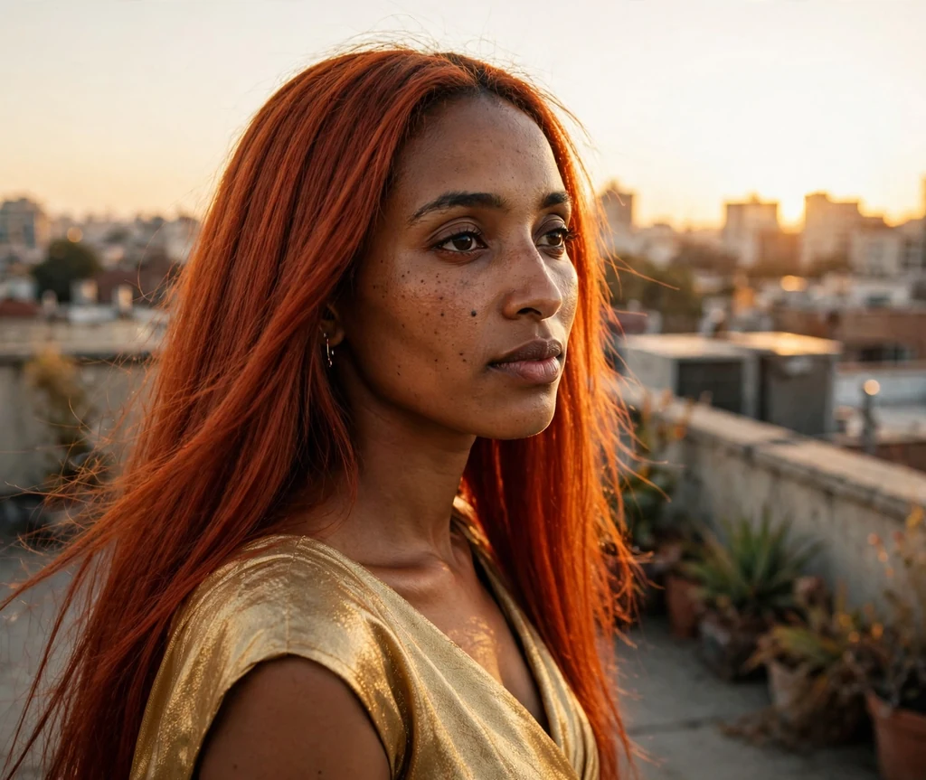 Ethiopian woman with long straight cajun red-copper hair in a gold dress on a rooftop