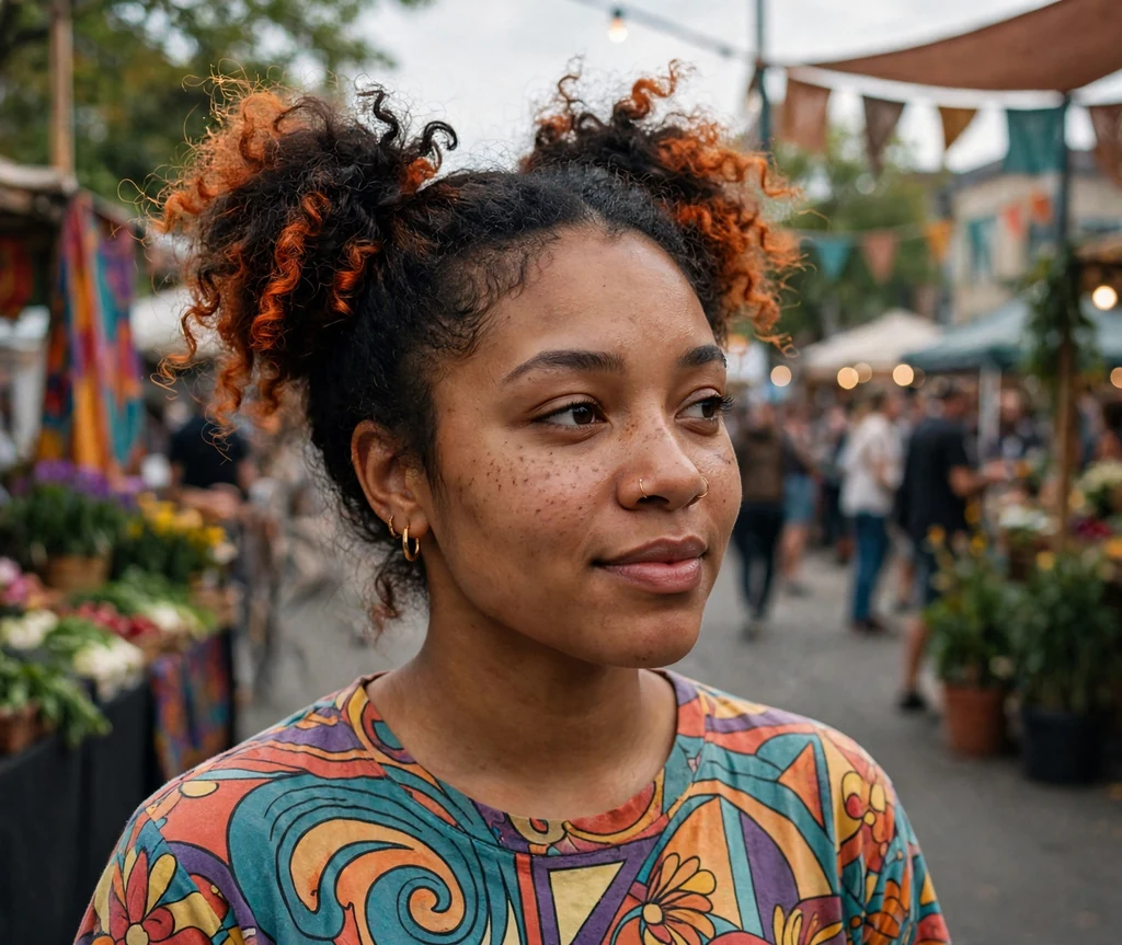 African-American woman with copper-tipped cajun spice space buns at a street festival