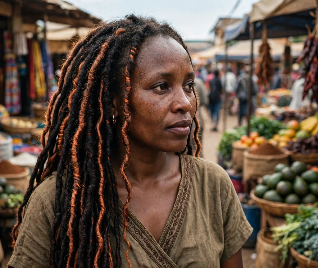 Kenyan woman with long locs with copper cajun spice accents at a market street