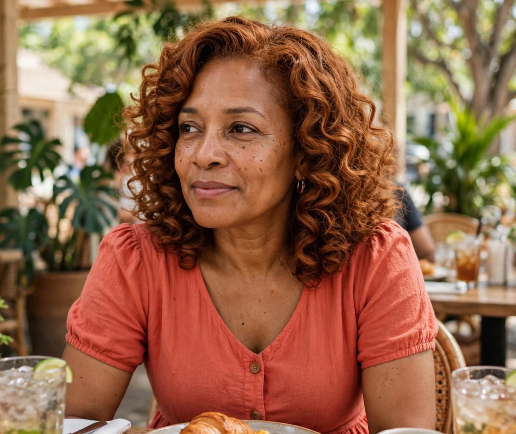 Trinidadian woman with cinnamon cajun spice roller-set curls in a coral dress at brunch
