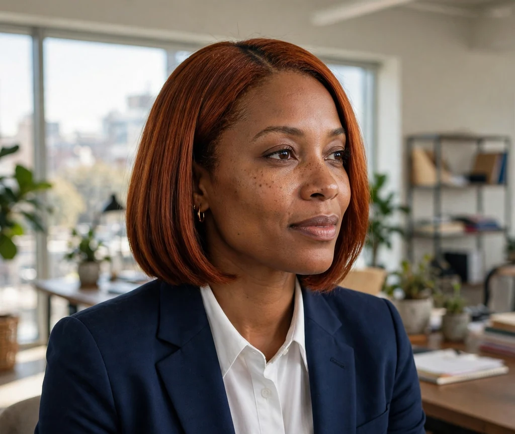 African-American woman with sleek middle-part cajun spice bob in a navy suit