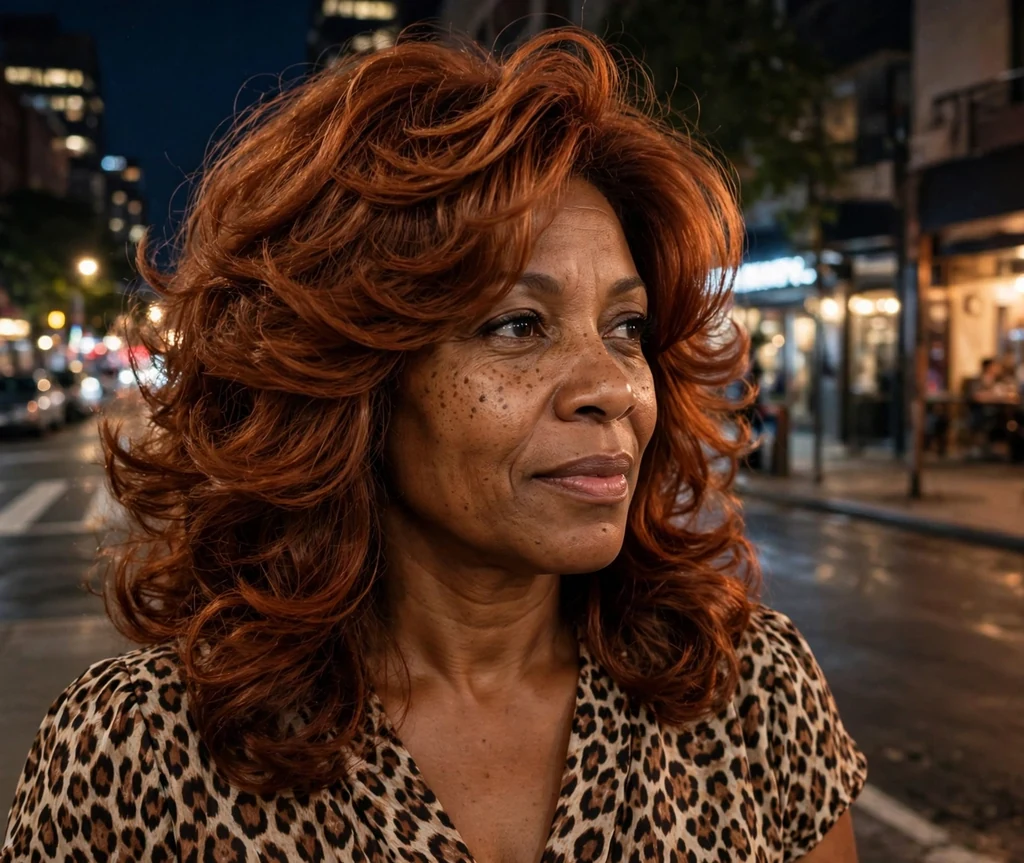 African-American woman with voluminous copper-cinnamon cajun spice layered blowout on a night street
