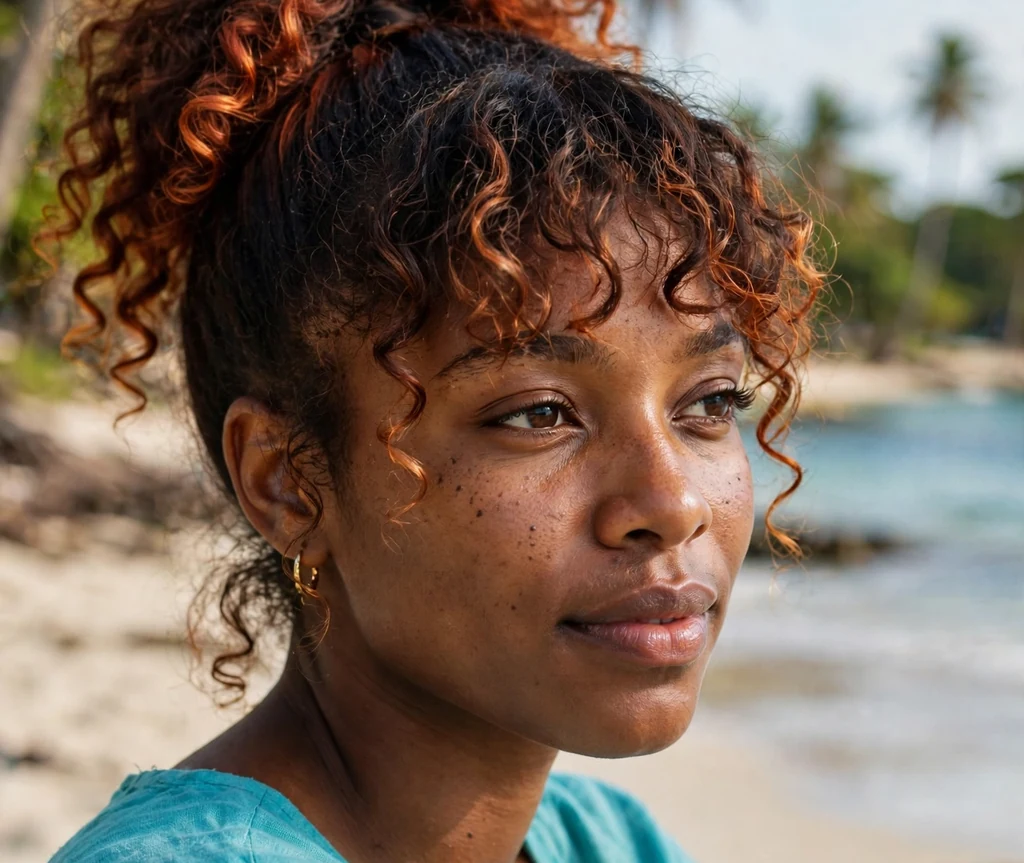 Barbadian woman with curly bangs and auburn cajun spice ponytail on a beach