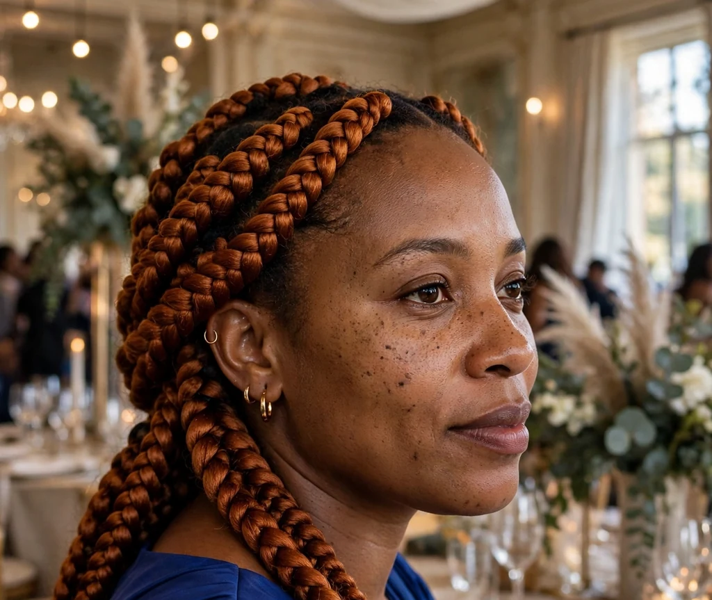 Congolese woman with copper cajun spice goddess braids in a royal blue dress