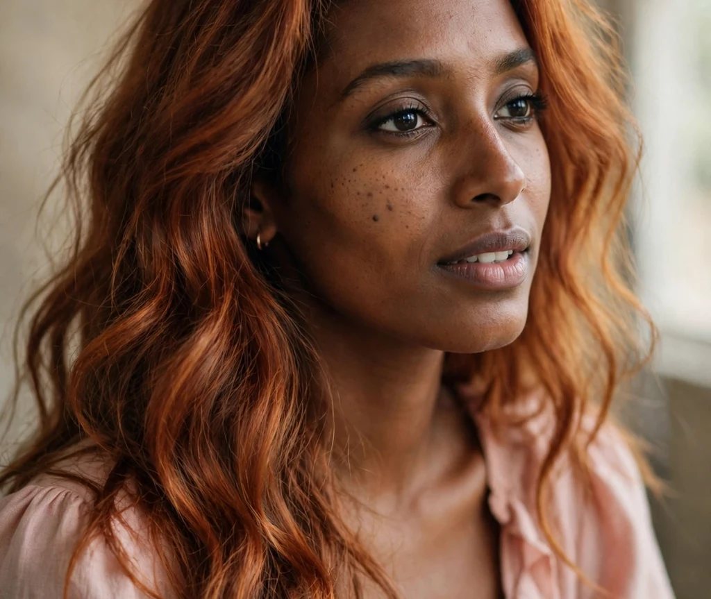 Somalian woman with long wavy cajun spice copper hair in a studio portrait