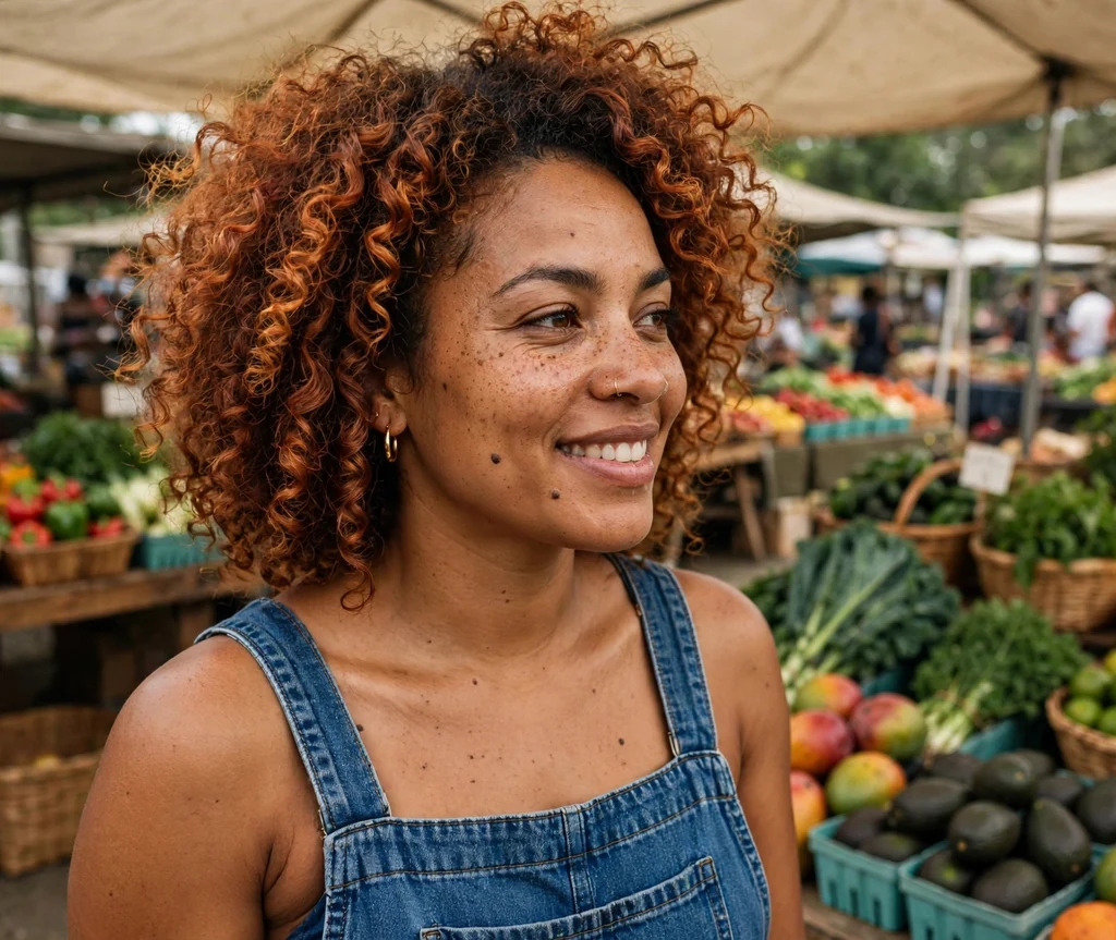 Jamaican woman with copper-shine cajun spice wash-and-go curls at a farmers market