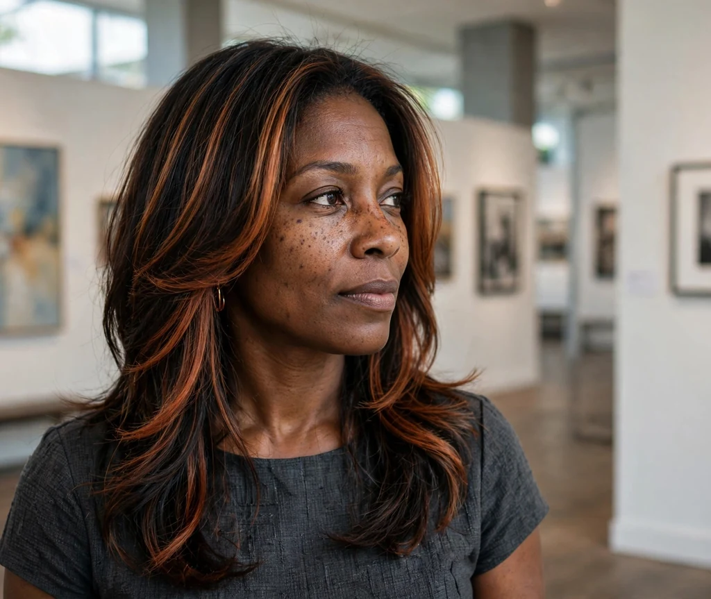 African-American woman with long cajun spice layers with copper face-framing pieces in a gallery