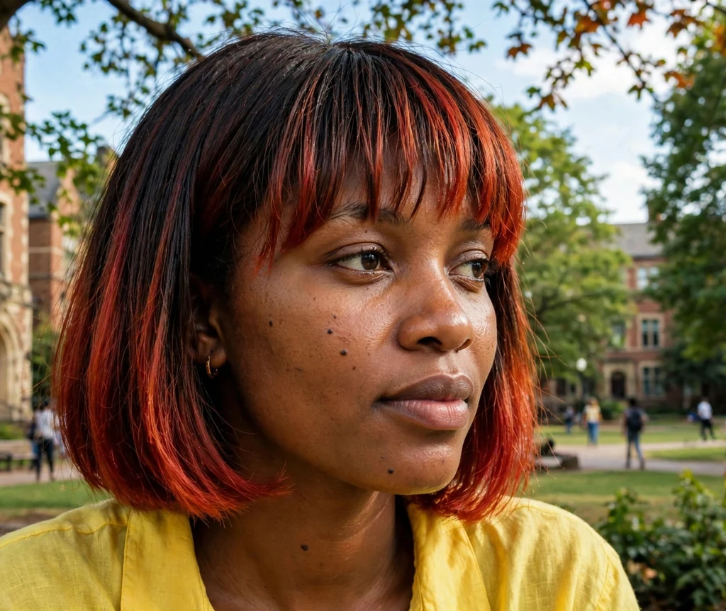Ugandan woman with cajun red-copper bob with bangs on a university campus
