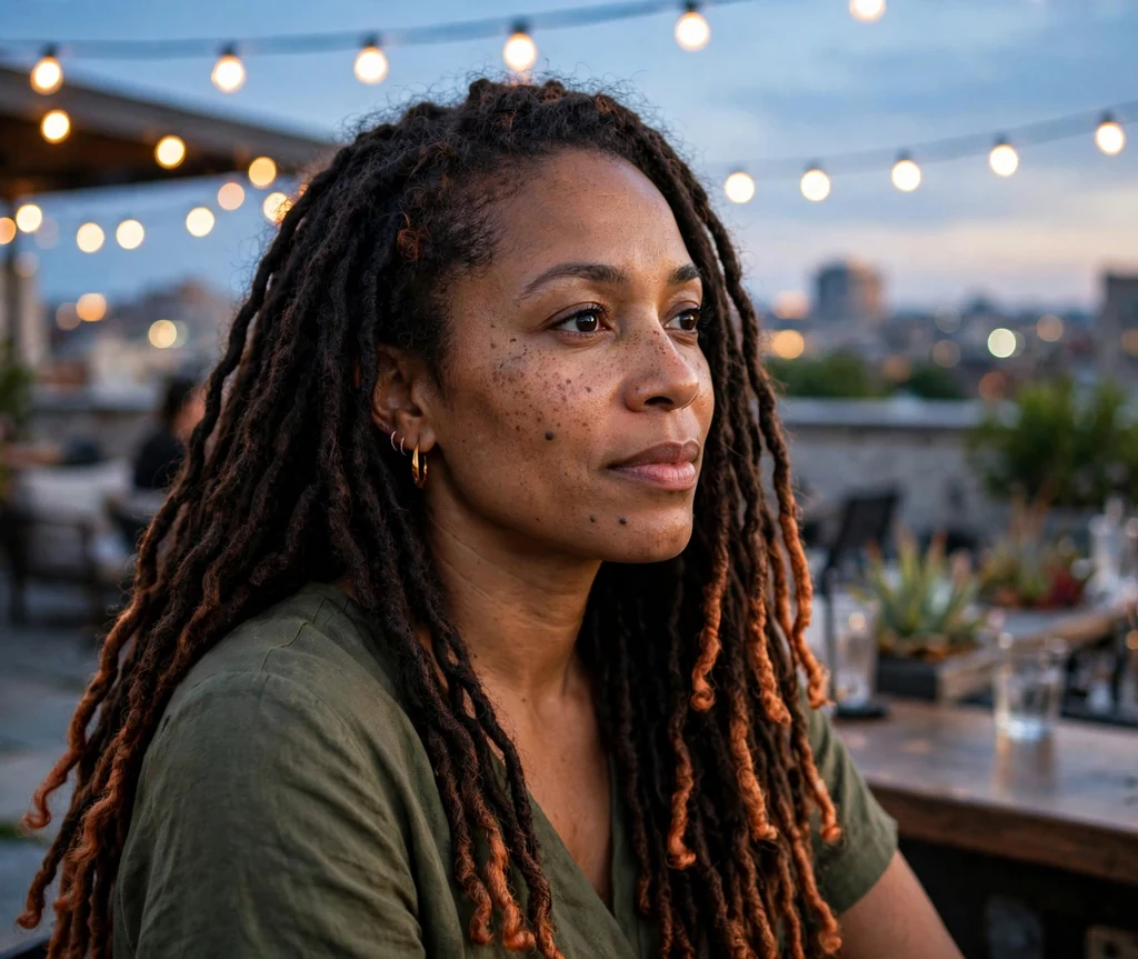 African-American woman with copper-tipped cajun spice faux locs at a rooftop bar