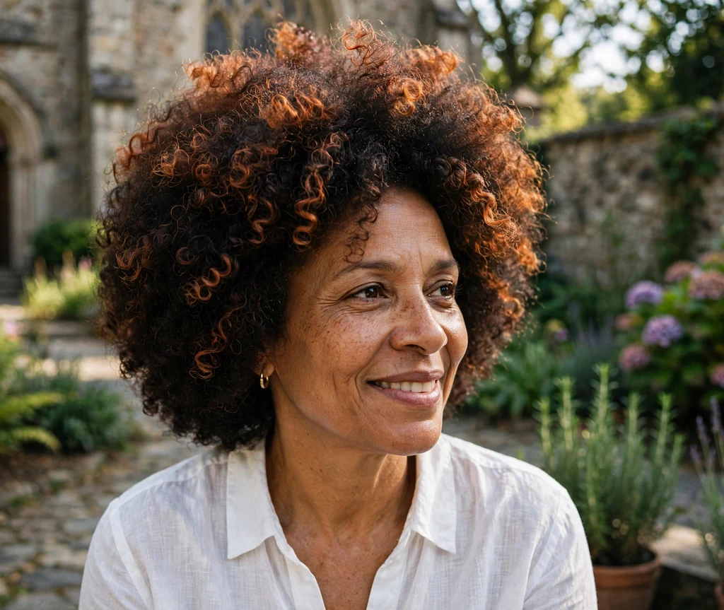 Dominican woman with big voluminous afro with copper cajun spice highlights in a church garden