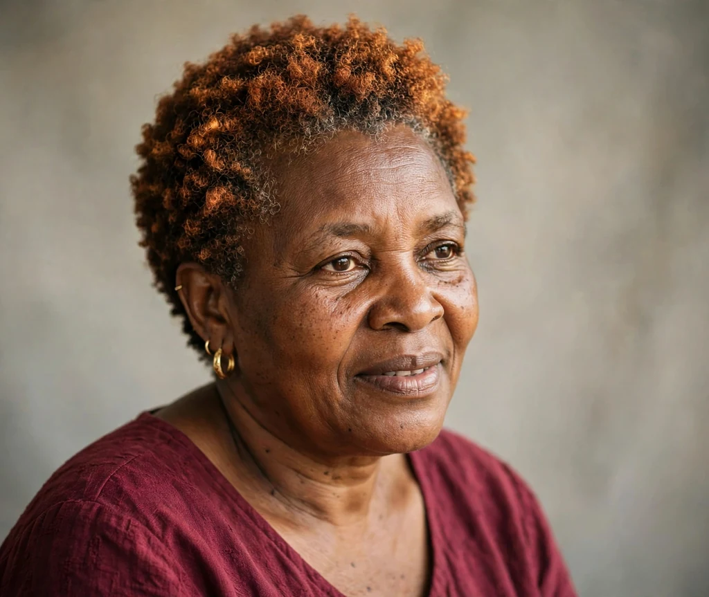 Zimbabwean woman with short copper-gold cajun spice coily haircut in a studio portrait