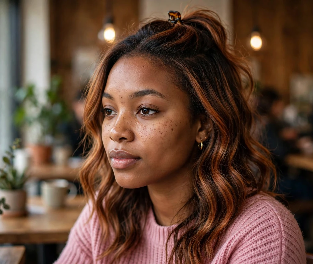 African-American woman with half-up cinnamon balayage cajun spice waves in a coffee shop