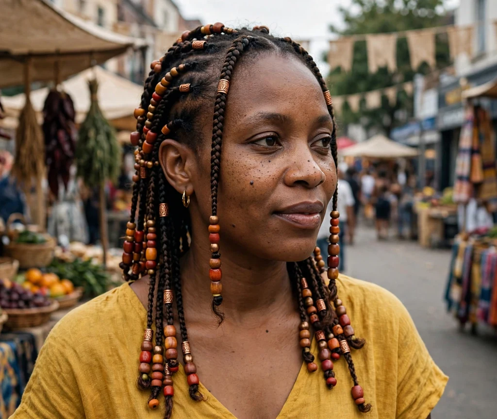 Cameroonian woman with copper-beaded cajun spice Fulani braids at a festival
