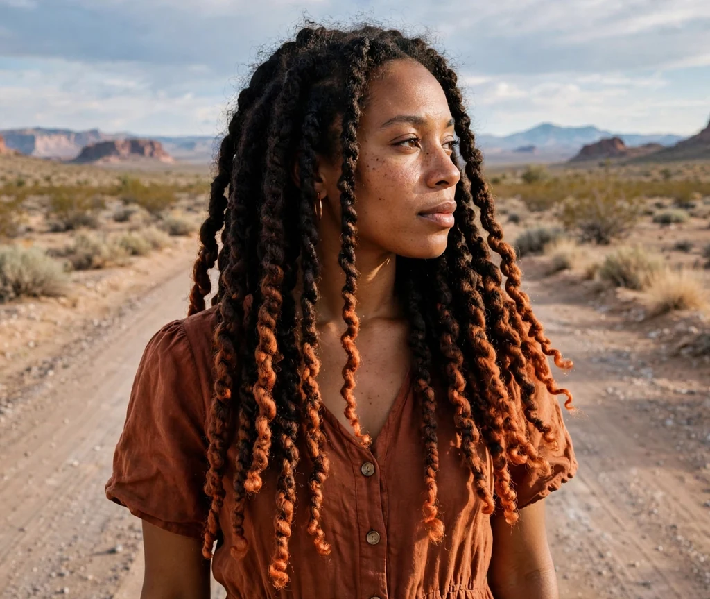 African-American woman with long jumbo twists with copper cajun spice ombre ends on a desert road