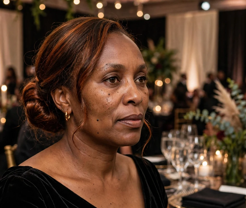 Rwandan woman with elegant copper-sheen cajun spice low bun in an evening gown